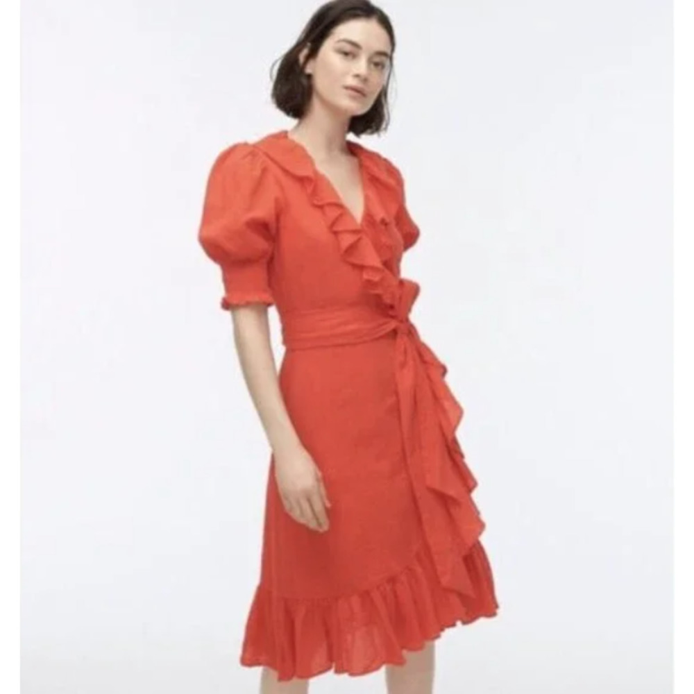 NWT J Crew Dobby Crinkle Ruffle Wrap Mini Dress Red Size XXS MSRP 148